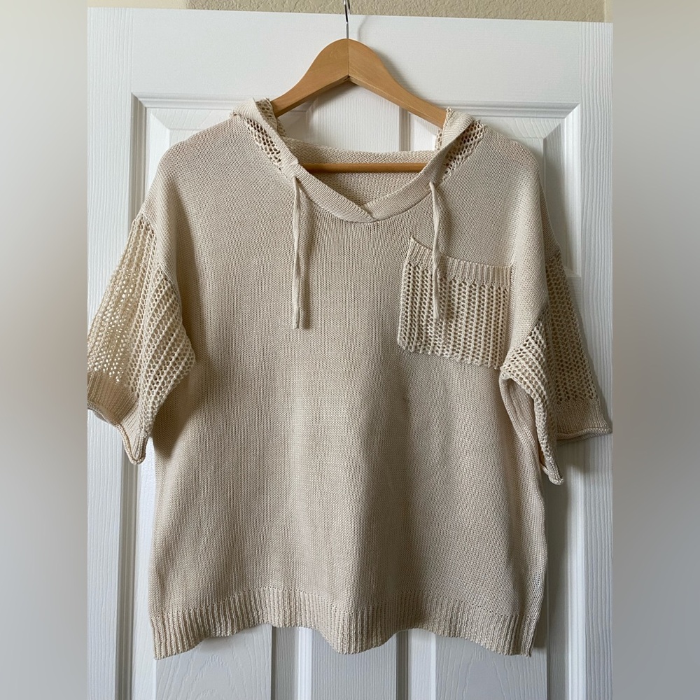 SHEIN Cream Open-Knit Hooded Short-Sleeve Sweater
